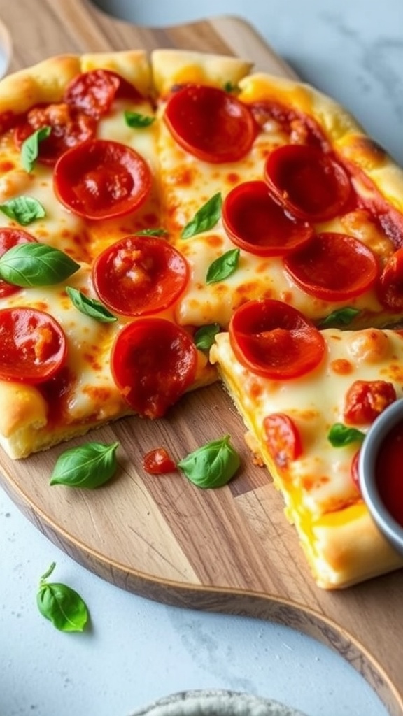 A slice of Detroit-Style Pan Pizza with thick crust, cheese, and toppings served on a wooden board.